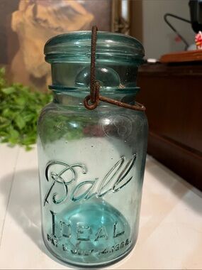 Blue Ball Jar w Glass Lid & Bail - “1 - Pat’D July 14, 1908 - Ideal - NO CRACKS